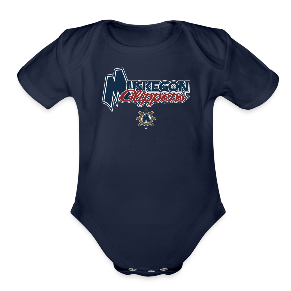 Muskegon Clippers - Organic Short Sleeve Baby Bodysuit - dark navy